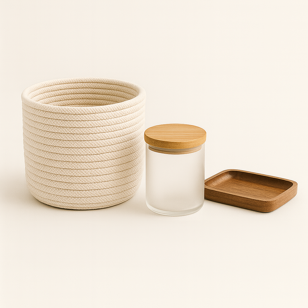Storage Baskets - Woven Cotton Basket, Bamboo Lid Storage Jar, Desk Tray