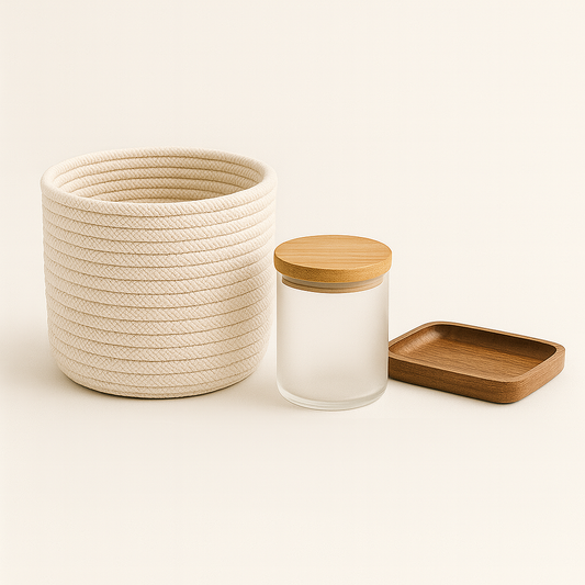 Storage Baskets - Woven Cotton Basket, Bamboo Lid Storage Jar, Desk Tray